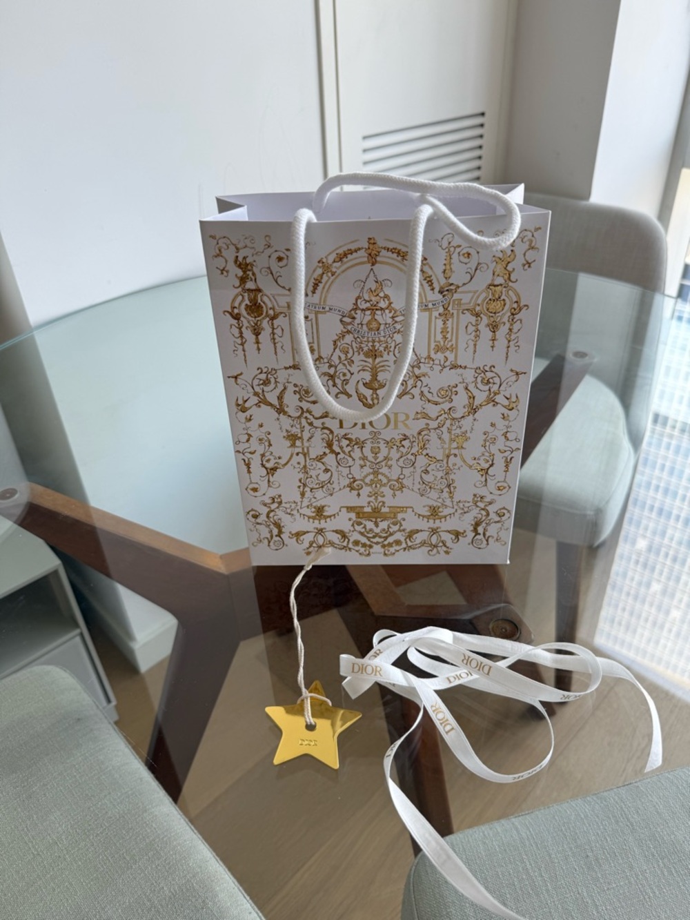 Dior White & Gold Decorative Shopping Bag with Charm & Ribbon